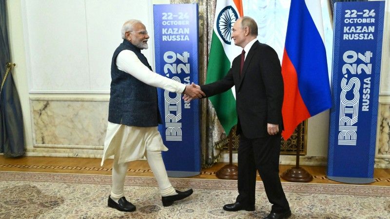 President Vladimir Putin meeting Prime Narendra Modi on the sidelines of the 2024 BRICS Summit.