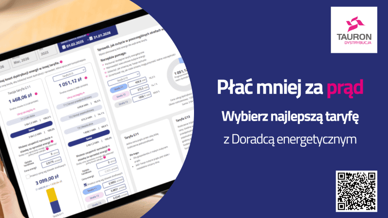 Baner z napisem: płać mniej za prąd, wybierz najlepszą taryfę z Doradcą energetycznym
