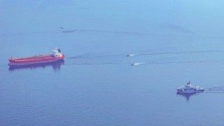 Aerial view of the Swedish Coast Guard intercepting the shadow fleet tanker Jin Hui in the Baltic Sea, 3 May 2026.