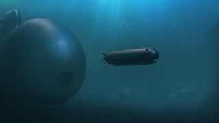 Wizualizacja autonomicznego pojazdu podwodnego Saab Autonomous Ocean Drone. W tle okręt podwodny projektu A26 (typu Blekinge).