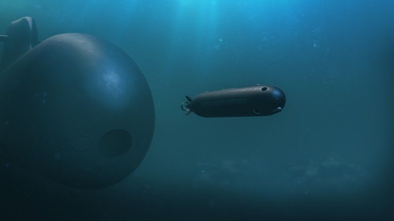 Wizualizacja autonomicznego pojazdu podwodnego Saab Autonomous Ocean Drone. W tle okręt podwodny projektu A26 (typu Blekinge).