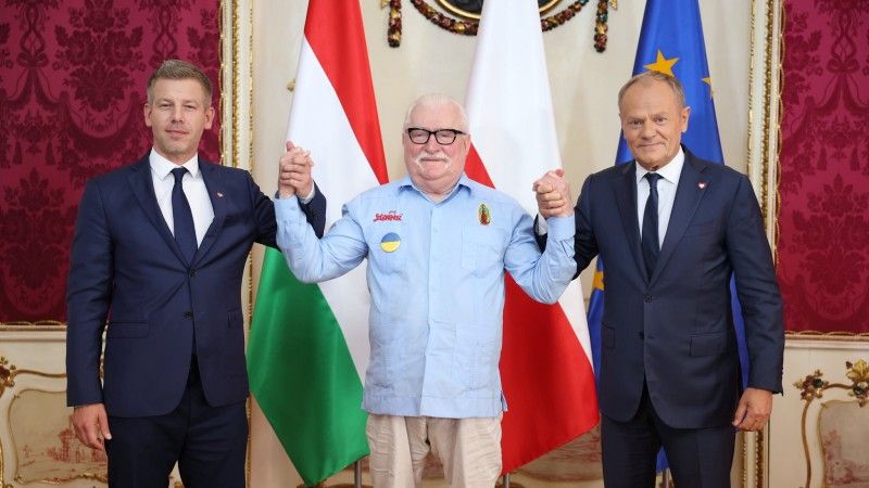 Politycy trzymają się za wzniesione dłonie na tle flag Węgier, Polski i UE