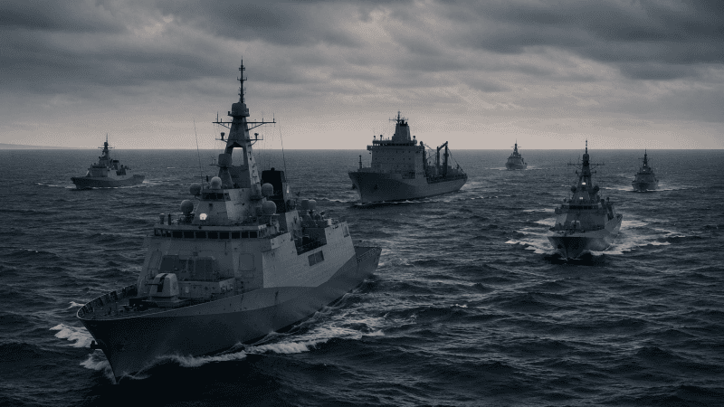 A naval task group of warships and a supply vessel sailing in formation across a dark, choppy sea under heavy grey clouds.