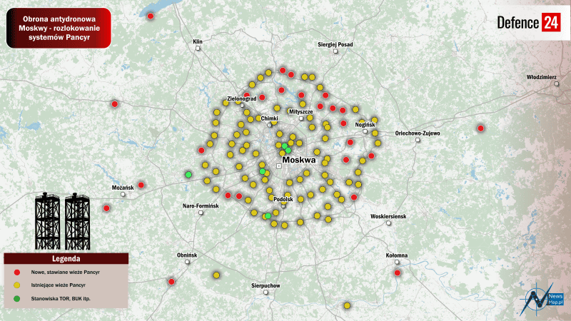 Rozmieszczenie różnych systemów przeciwlotniczych wokół Moskwy