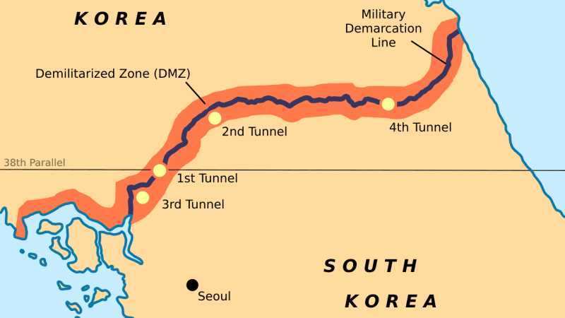 Closeup of the Korean Demilitarised Zone that surrounds the Military Demarcation Line