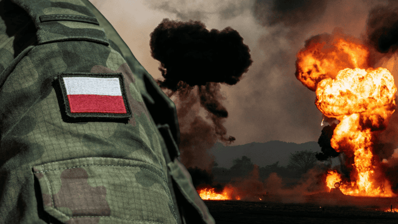 Żołnierz Wojska Polskiego w tle poligon gdzie doszło do eksplozji.
