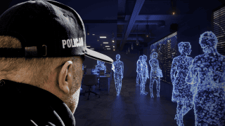 Funkcjonariusz polskiej Policji w cyfrowym biurze.