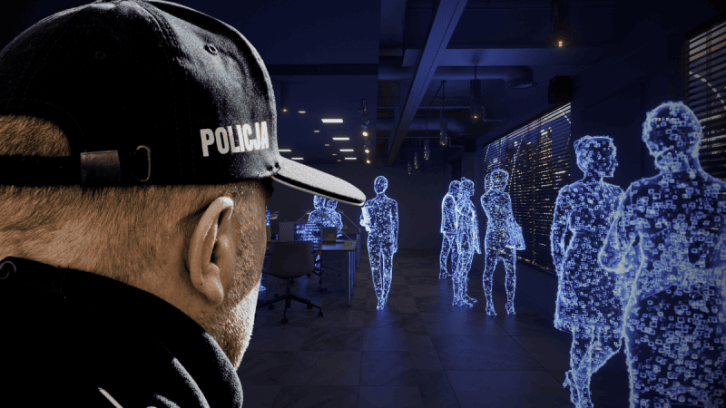 Funkcjonariusz polskiej Policji w cyfrowym biurze.