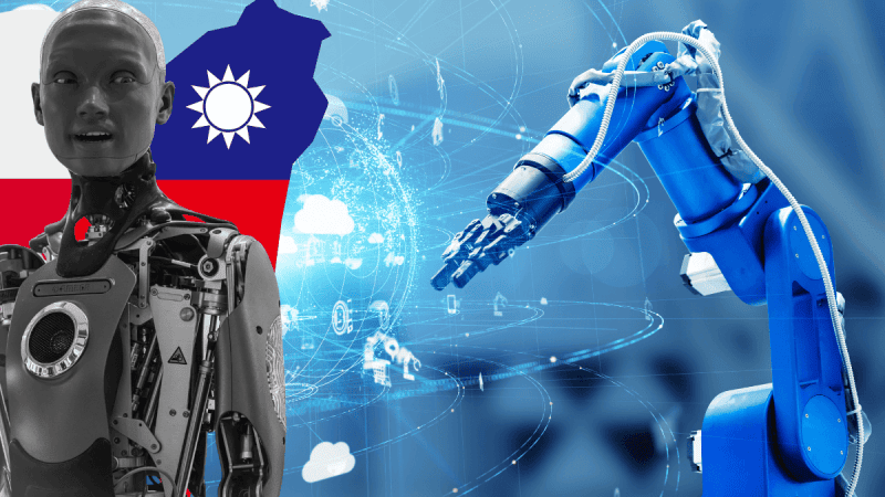 inteligentny robot produkcyjny z flagą Polski i Tajwanu