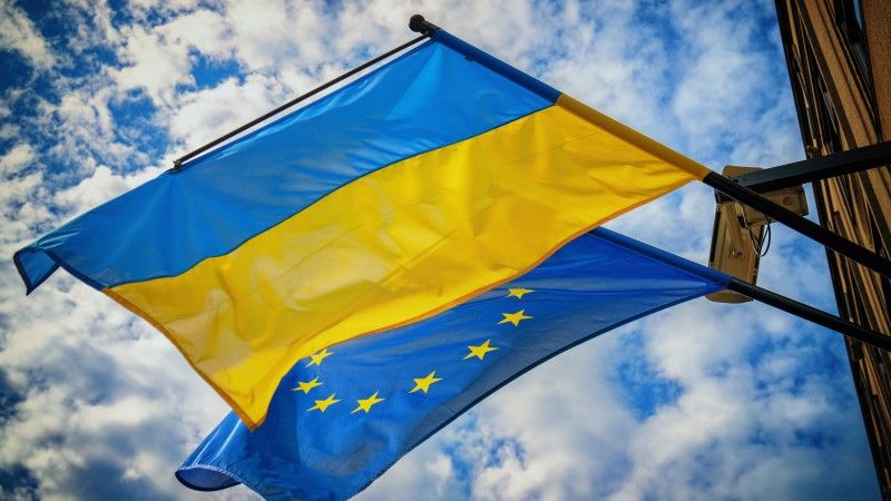 A Ukraine and European Union flag waves outside the Estonian Ministry of Defence building in Tallinn, Estonia, on July 16, 2024.