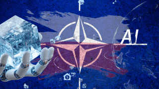 Flaga NATO z flagą Polski i motywem technologii sztucznej inteligencji.