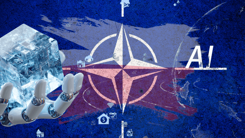 Flaga NATO z flagą Polski i motywem technologii sztucznej inteligencji.