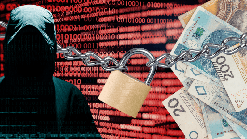 hacker, kłódka oraz polskie banknoty na cyfrowym tle