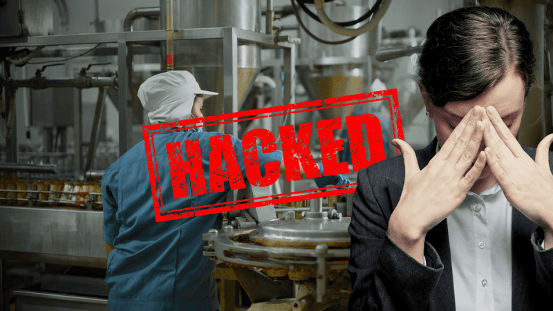 Hala zakładu produkcyjnego z napisem "hacked" i postać kobiety z zasłoniętą dłońmi twarzą.