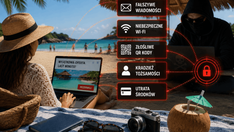 Kobieta korzystająca z laptopa na plaży, w tle cyberprzestępca i symbole zagrożeń: fałszywe wiadomości, niebezpieczne Wi-Fi, złośliwe kody QR, kradzież tożsamości i utrata pieniędzy.