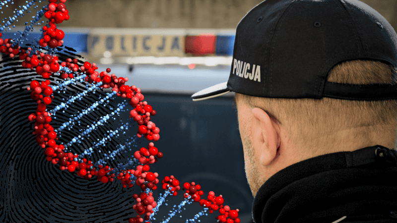 Funkcjonariusz polskiej Policji oraz DNA i odcisk palca.
