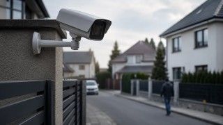 Kamera monitoringu zamontowana przy prywatnej posesji, skierowana w stronę ulicy i sąsiednich domów.