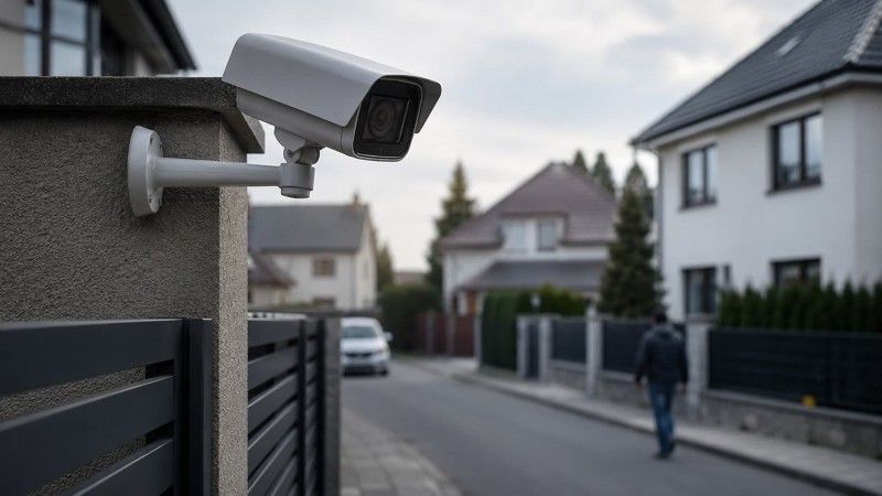 Kamera monitoringu zamontowana przy prywatnej posesji, skierowana w stronę ulicy i sąsiednich domów.