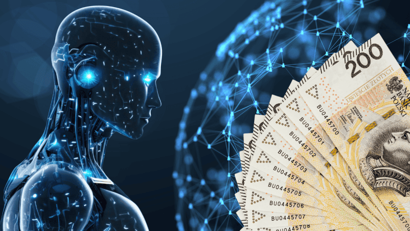 Cyfrowy robot na cyfrowym tle i banknoty 200 zł.