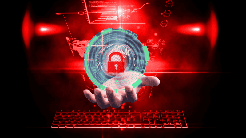 Symbol cyberbezpieczeństwa na tle cyfrowego obrazu i klawiatury.
