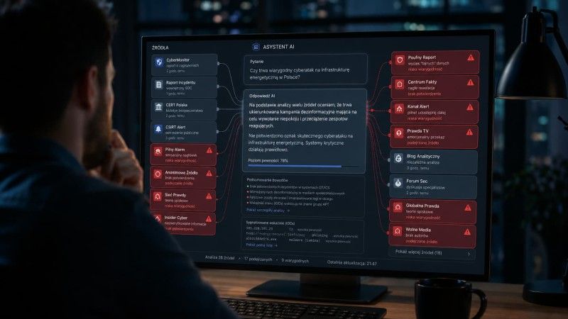 Mężczyzna patrzy na ekran komputera z interfejsem asystenta AI analizującego cyberzagrożenie, obok którego widoczne są liczne źródła oznaczone na czerwono jako podejrzane lub niewiarygodne.