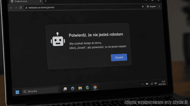 Ekran laptopa z fałszywym komunikatem CAPTCHA zachęcającym do kliknięcia przycisku "Zezwól"