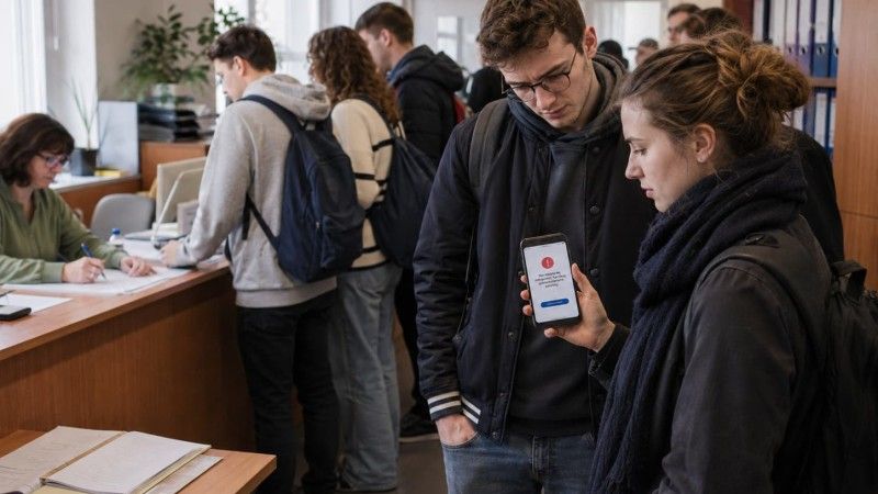 Studenci w kolejce do dziekanatu oraz telefon z komunikatem o błędzie logowania do uczelnianego systemu.