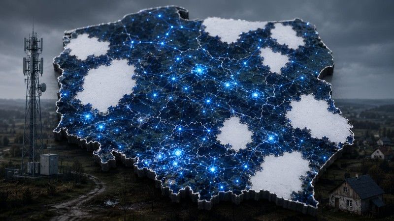 Mapa Polski z niebieską siecią połączeń i białymi obszarami symbolizującymi miejsca bez dostępu do szybkiego internetu. W tle wieża telekomunikacyjna i wiejska zabudowa.
