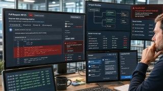 Specjalista analizuje alerty bezpieczeństwa i działania agenta AI widoczne na ekranach komputerów, w tym próbę dodania podejrzanego kodu oraz dostęp do zewnętrznych systemów.