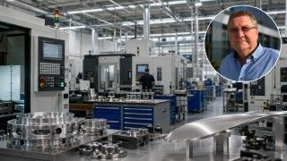 Nowoczesna hala produkcyjna z maszynami CNC i precyzyjnymi metalowymi komponentami; w prawym górnym rogu portret Adama Drewnianego.