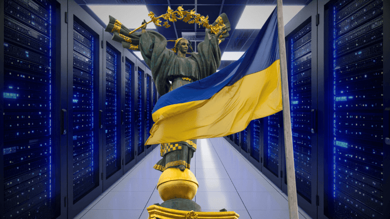 Ukraińska flaga i symbol narodowy, w tle serwerownia