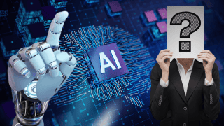 Motyw sztucznej inteligencji z dłonią robota oraz kobiety trzymającej makietę z pytajnikiem nad głową.