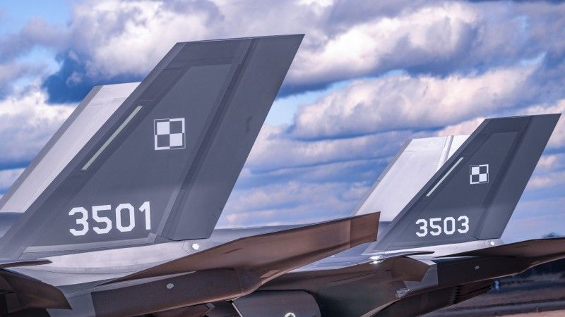 Polskie wielozadaniowe samoloty bojowe 5. generacji F-35A Husarz o numerach taktycznych 3501 i 3503 w bazie lotniczej Gwardii Narodowej Stanów Zjednoczonych Ebbing w stanie Arkansas w USA.