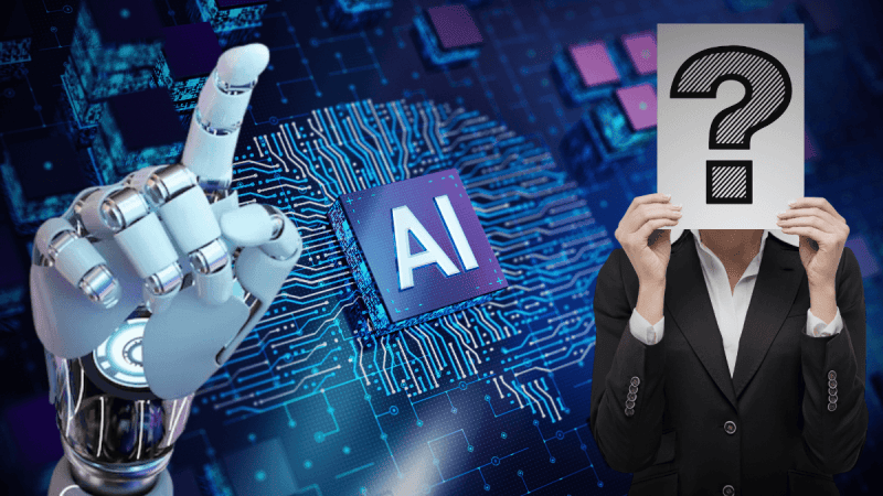 Motyw sztucznej inteligencji z dłonią robota oraz kobiety trzymającej makietę z pytajnikiem nad głową.