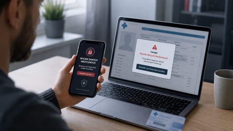 Mężczyzna trzyma smartfon z komunikatem o wycieku danych medycznych, a na ekranie laptopa widać ostrzeżenie o możliwości naruszenia informacji pacjentów.