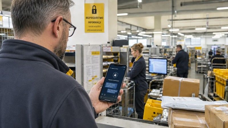 Pracownik Poczty Polskiej korzystający ze smartfona z bezpiecznym komunikatorem w sortowni przesyłek.