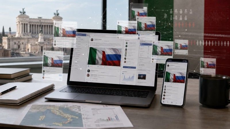 Laptop i smartfon z grafikami łączącymi flagi Włoch i Rosji, na tle Rzymu i cyfrowej sieci symbolizującej operacje wpływu oraz dezinformację w mediach społecznościowych.