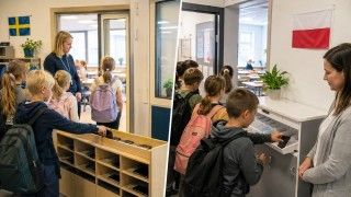 Uczniowie w szkołach w Szwecji i Polsce odkładają telefony komórkowe przed rozpoczęciem zajęć.