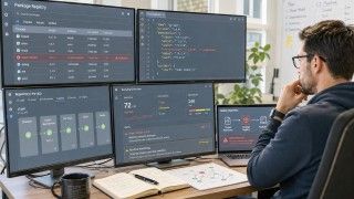 Programista analizuje na monitorach zależności npm, proces publikacji pakietów i alert wskazujący na wykrycie złośliwego kodu.