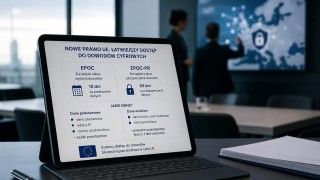 Analityk pracuje przy komputerze z ekranem przedstawiającym zabezpieczone dane cyfrowe i system kontroli dostępu.