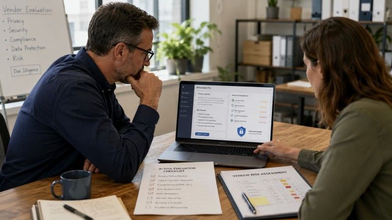Dwie osoby w biurze analizują na laptopie narzędzie AI pod kątem ochrony danych, bezpieczeństwa i zgodności z przepisami.
