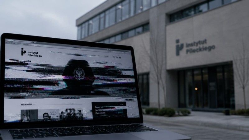 Laptop z zakłóconą stroną internetową Instytutu Pileckiego na ekranie, na tle siedziby instytucji. Grafika ilustruje cyberatak i przejęcie serwisu.