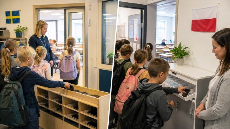 Uczniowie w szkołach w Szwecji i Polsce odkładają telefony komórkowe przed rozpoczęciem zajęć.
