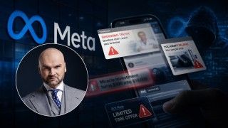 Grafika przedstawia logo Meta na ciemnym tle, ekran smartfona z przykładowymi fałszywymi reklamami.