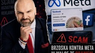 Rafał Brzoska na tle grafiki przedstawiającej spór z Metą dotyczący fałszywych reklam i scamów na Facebooku. Obok widoczne są logo Meta i Facebooka, reklama obiecująca szybki zysk oraz ostrzeżenie przed oszustwem.