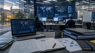 Nowoczesne centrum operacji cyberbezpieczeństwa z monitorami prezentującymi dane o zagrożeniach, laptopem i dokumentacją na pierwszym planie oraz zabudowaniami kampusu akademickiego w tle.