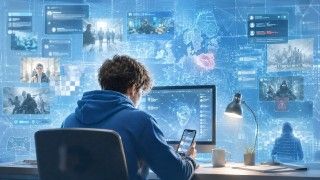 Nastolatek siedzi przed komputerem i korzysta ze smartfona, otoczony cyfrowymi interfejsami, komunikatorami, elementami gier i mapą Europy symbolizującymi zagrożenia w sieci oraz wpływ technologii na młodych ludzi.