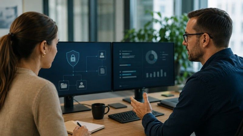 Dwie osoby analizują na monitorach schemat przepływu danych i zabezpieczeń systemu informatycznego w nowoczesnym biurze.