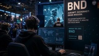 Młody gracz w słuchawkach przy komputerze na targach technologicznych, obok stoisko niemieckiego wywiadu BND prowadzącego rekrutację specjalistów IT i cyberbezpieczeństwa.