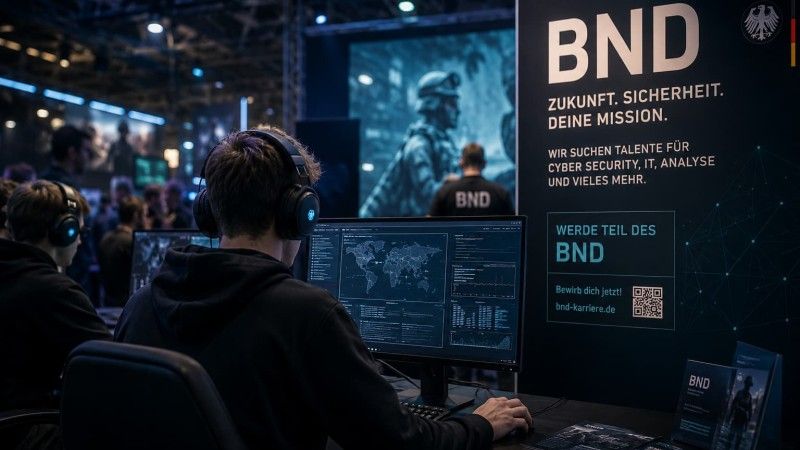 Młody gracz w słuchawkach przy komputerze na targach technologicznych, obok stoisko niemieckiego wywiadu BND prowadzącego rekrutację specjalistów IT i cyberbezpieczeństwa.